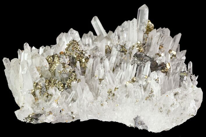 Gleaming Cubic Pyrite Cluster with Quartz - Peru #71373